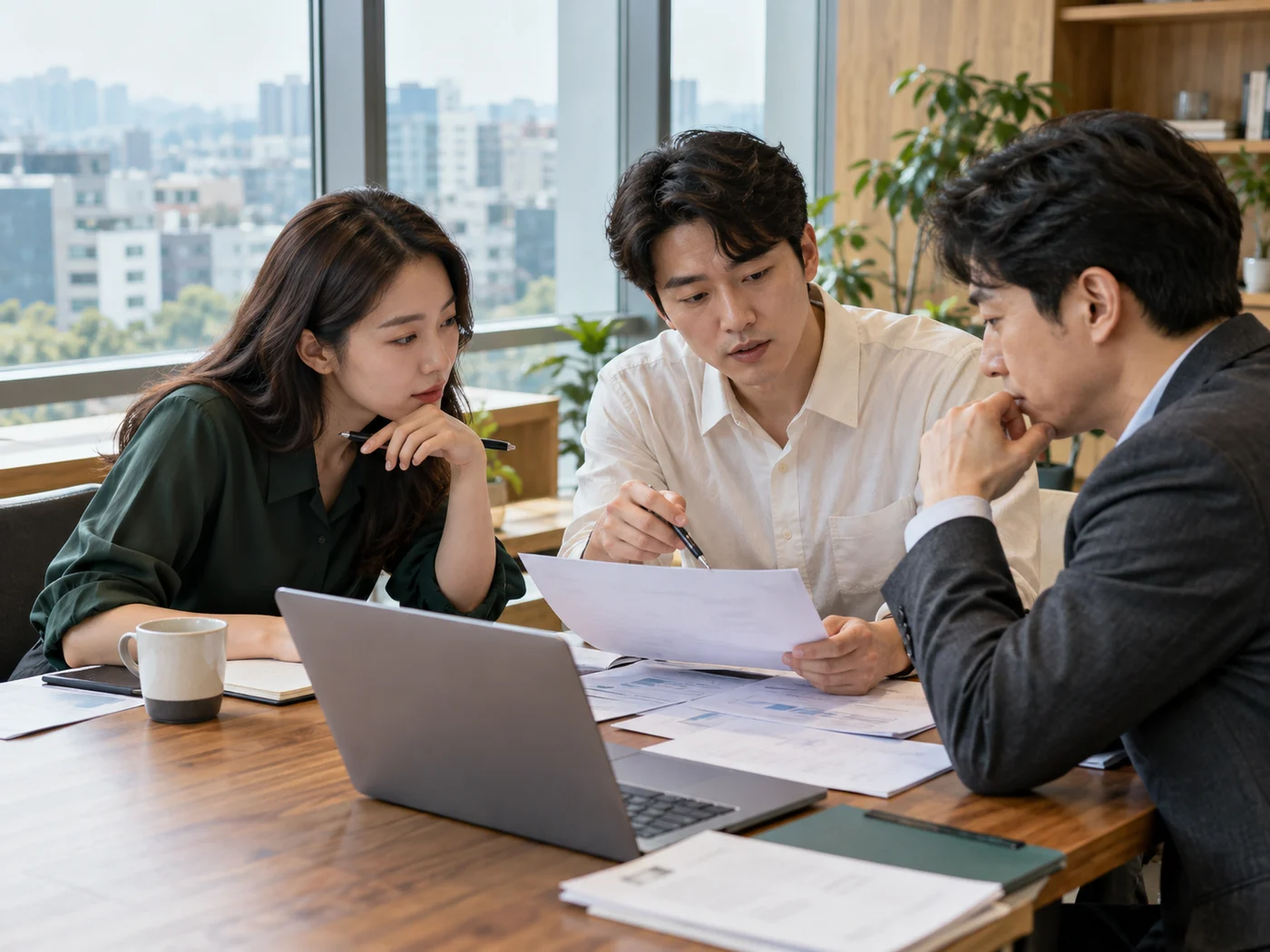 사업 자료에 관해 의견을 나누는 회의 장면